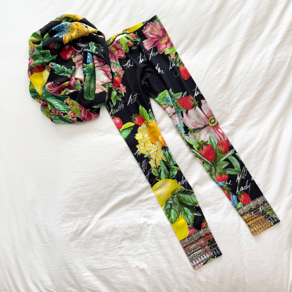 Camilla Tutti Frutti Print Leggings & Silk Scarf Matching Set Size Medium
